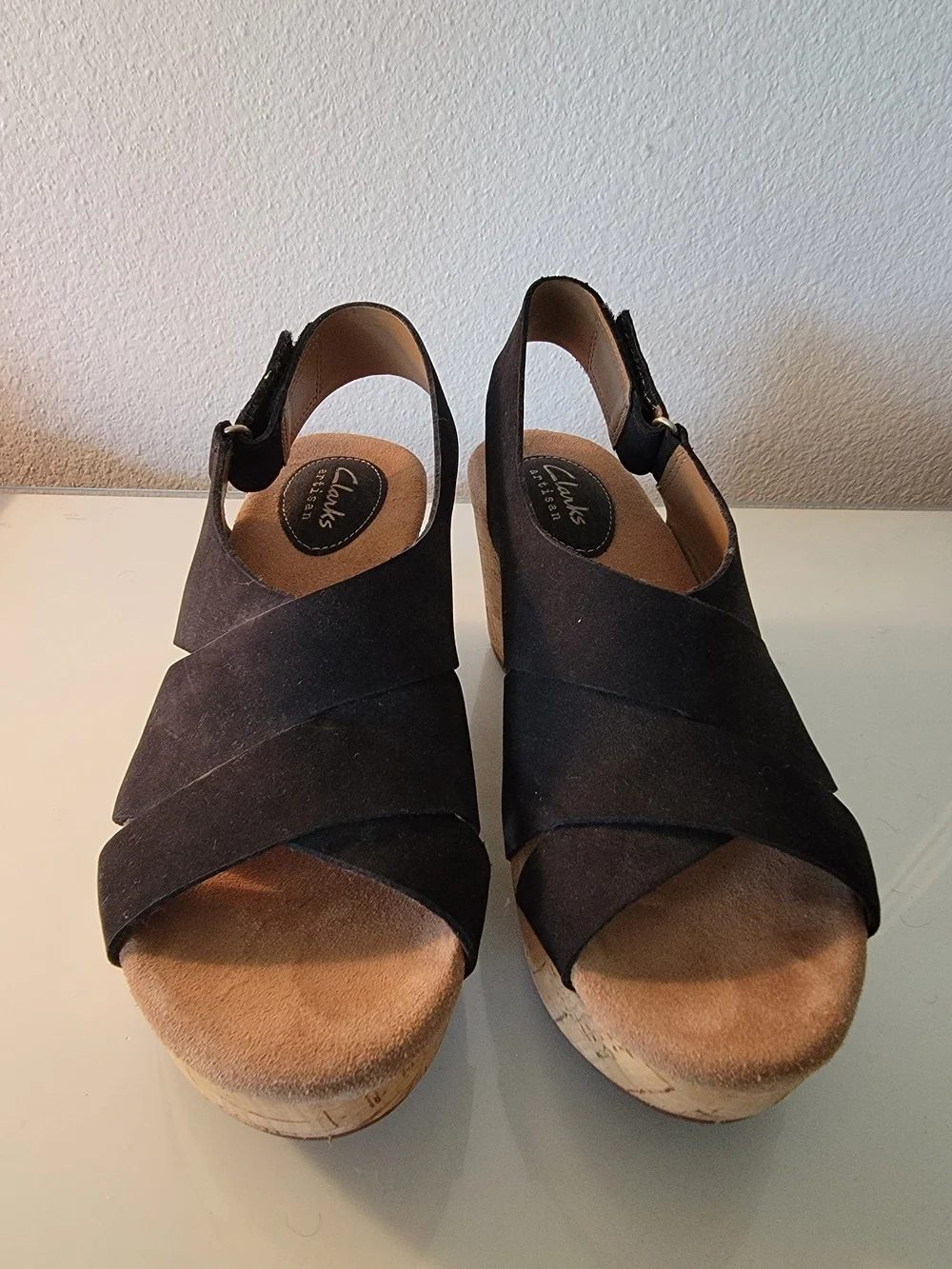 Clarks Artisan Black Suede Cork Wedge Slingback Sandals